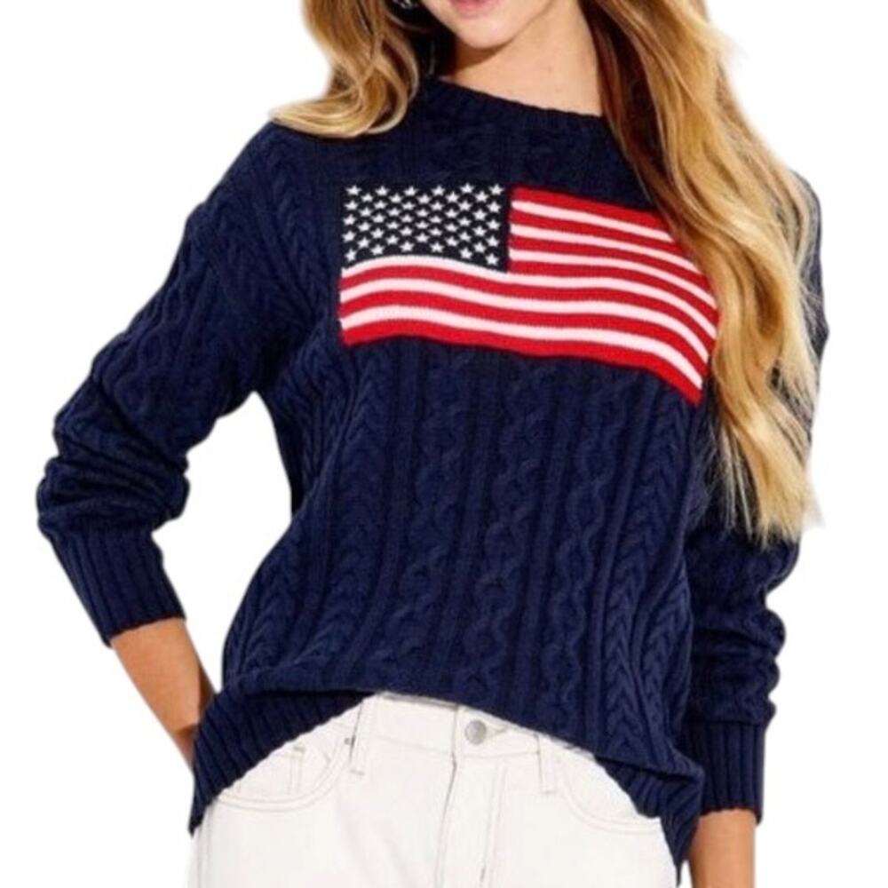 NWT Wild Fable Navy Blue Crew Neck American Flag Pullover Cable Knit Sweater M